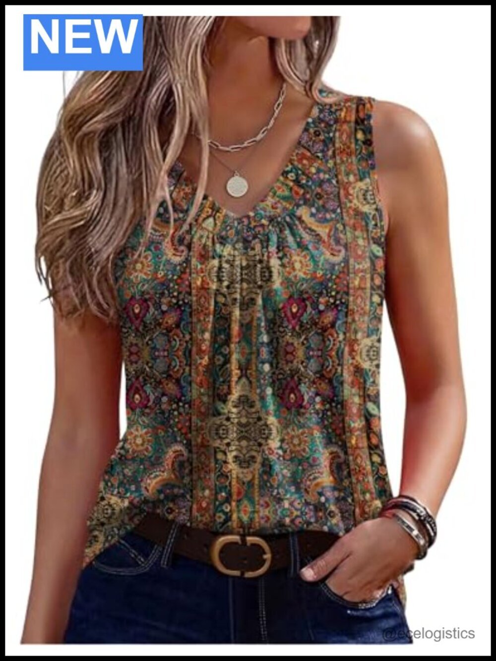 Womens Sleeveless V-Neck Pleated Tank Top Summer Casual Loose Fit Basic Tee